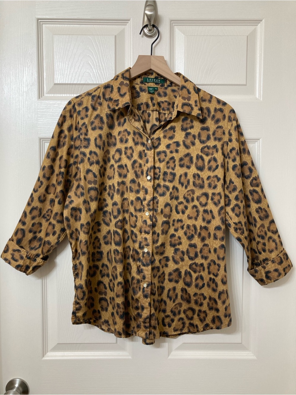 Lauren Ralph Lauren Women's Brown Animal Print Button Down Shirt XL Old Money - Picture 1 of 6